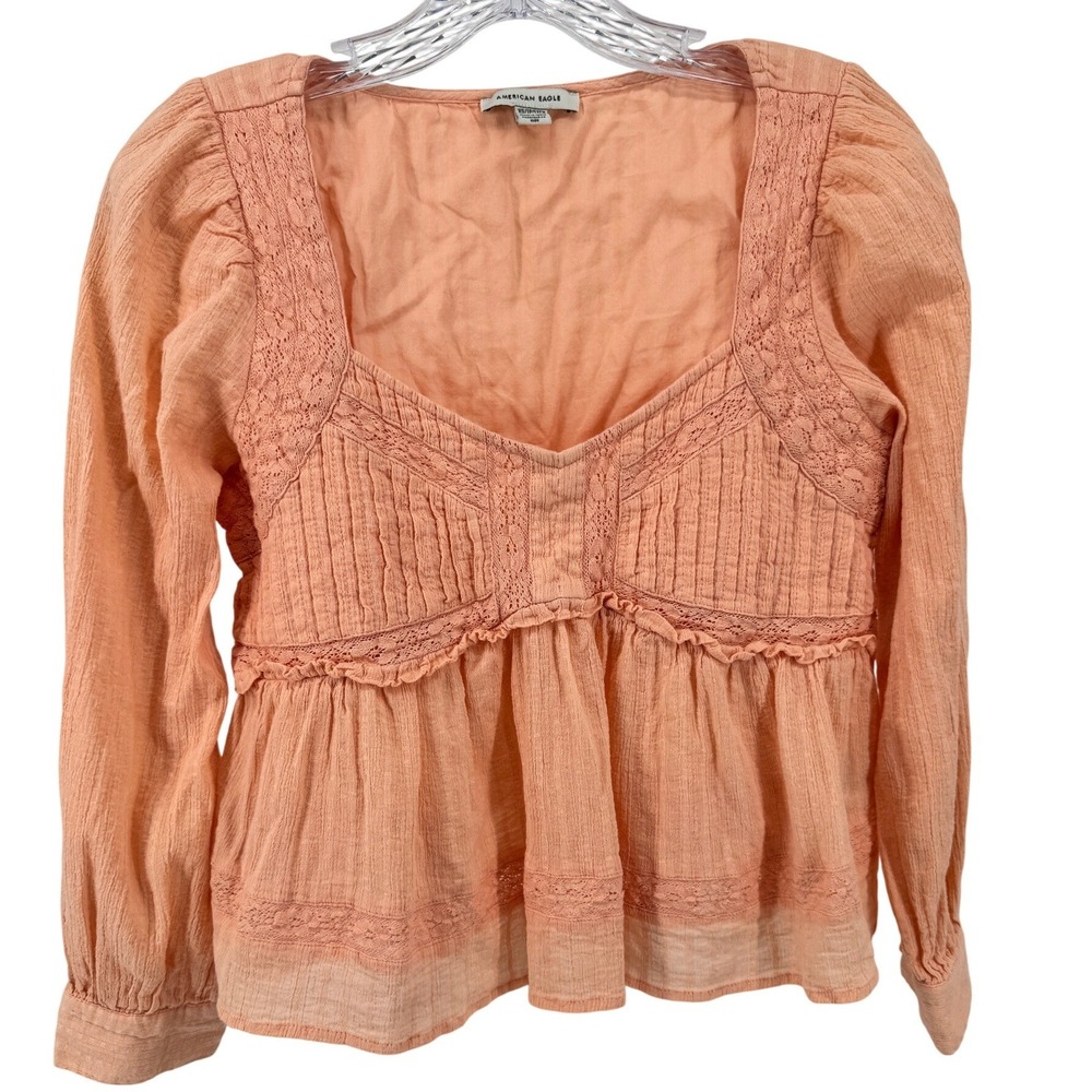 American Eagle Top XS Womens Peach Lace Peplum Top Boho Square V Neck L‎ Sleeve